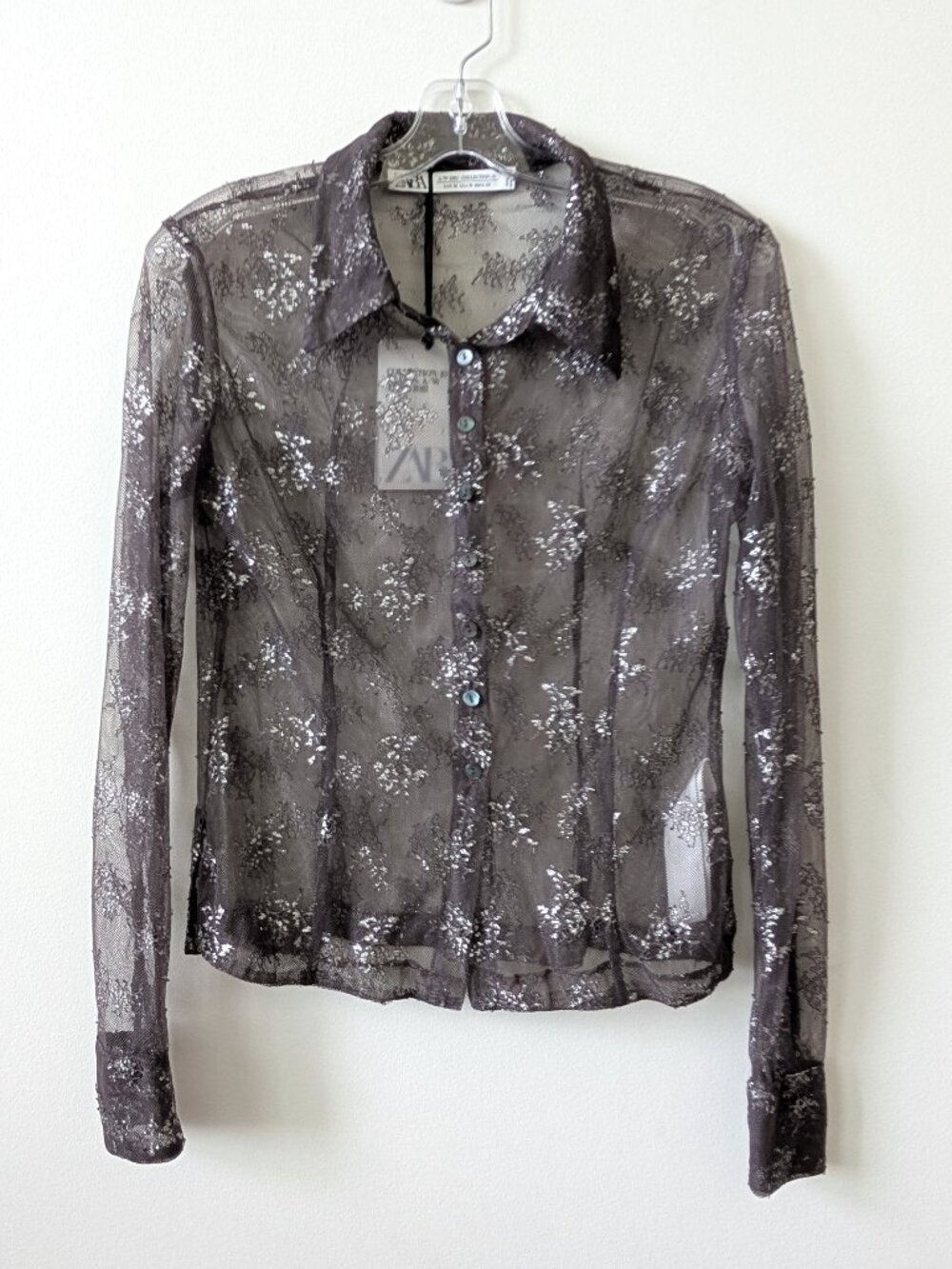 NWT ZARA Sheer Metallic Lace Button Up Shirt | Medium
